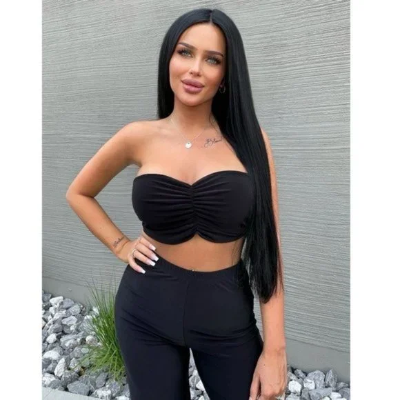 Black Ruched Strapless Crop Top and High Waist Wide Leg Pants Two Piece Set - Picture 3 of 8